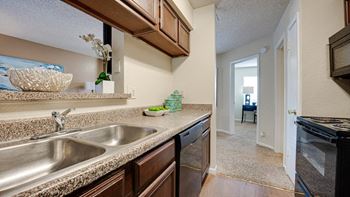 a kitchen with a sink, stove, dishwasher, and microwave at Woodland Hills Apartments in Irving, Texas